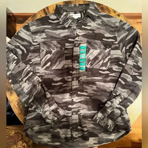 Strongside Apparel | mens black camo fleece collared shirt. Size: L